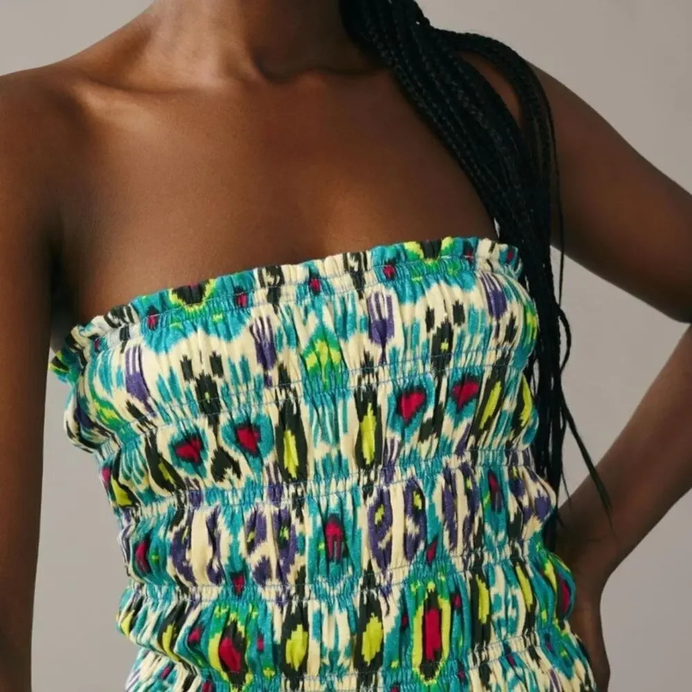 Anthropologie Women's Smocked Tube Top XS Blue/Green Ikat Print Strapless‎ Tank